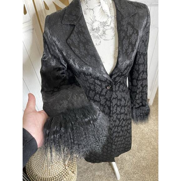 Vintage Black Jacquard Coat Jacket Faux Fur Trim Y2K Goth Whimsigoth Small - Picture 2 of 10